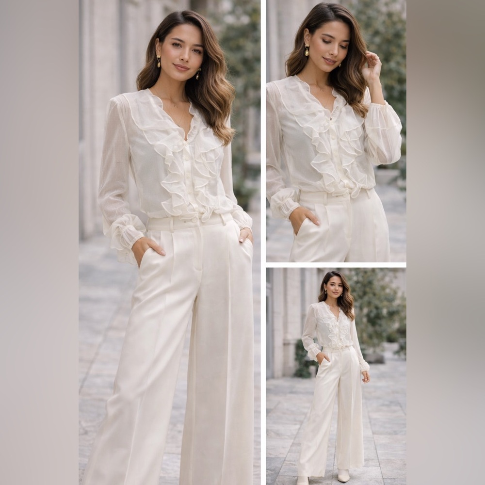 Country Door Sheer Ruffle Blouse Women’s Size L White Long Sleeve Dressy Top